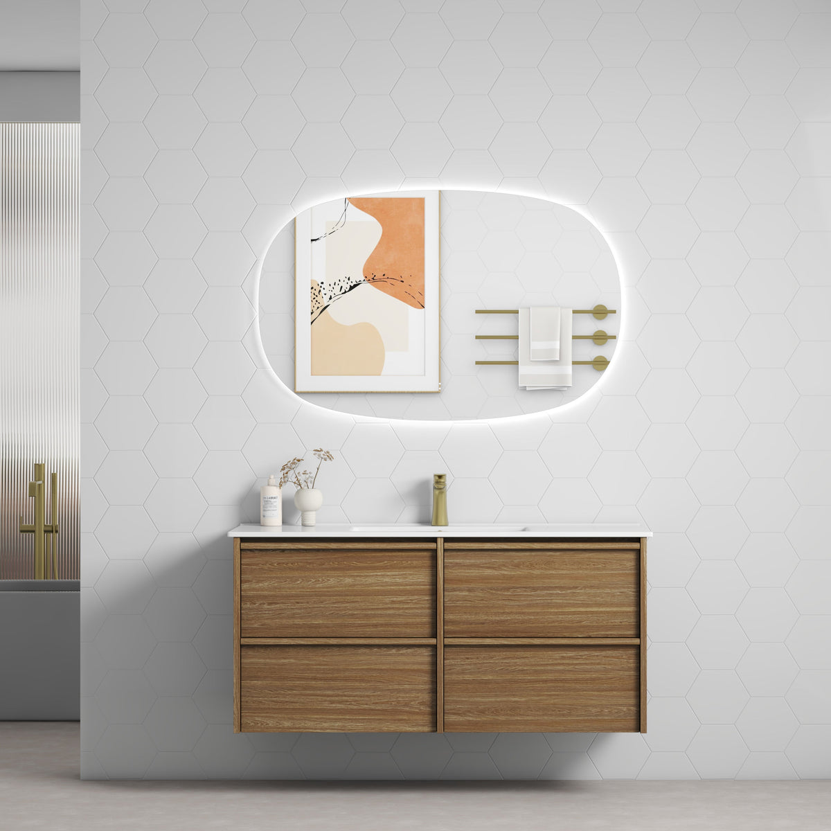 Aulic Venetta framed wall hung Harvest Oak 1200mm vanity with bathroom lifestyle setting