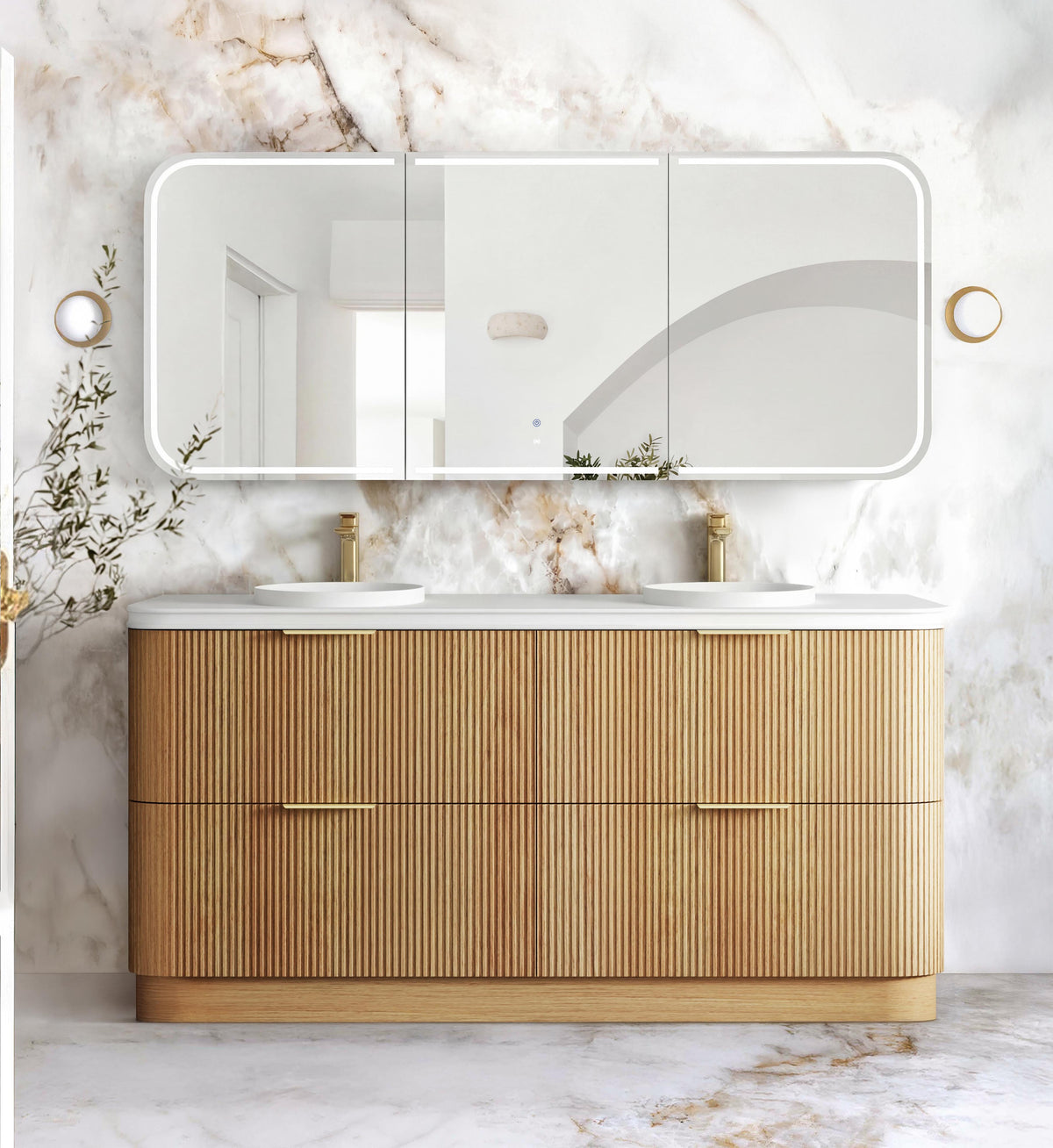 Freestanding Vanities - Havana Fluted 1800mm Woodland Oak Floorstanding Curve Vanity