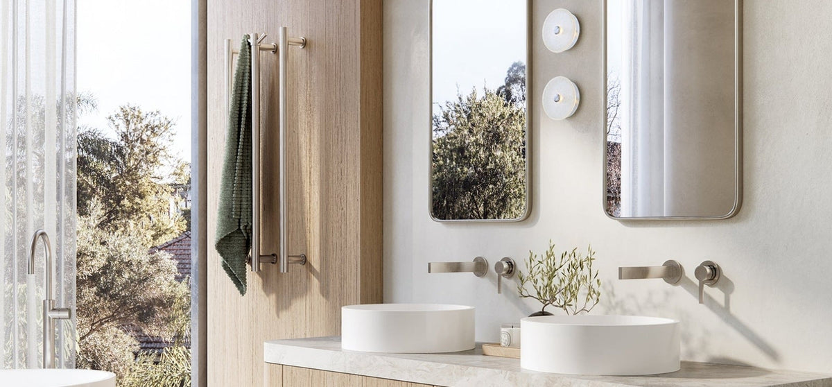 Cool Brushed Nickel bathroom vanity lifestyle