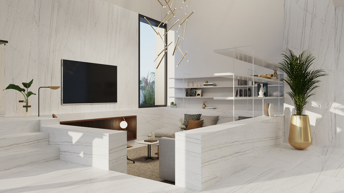 Dekton Neural in a living room with a TV wall