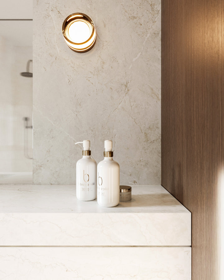 Dekton Evok in a bathroom with Dekton Thala and Kedar, close-up