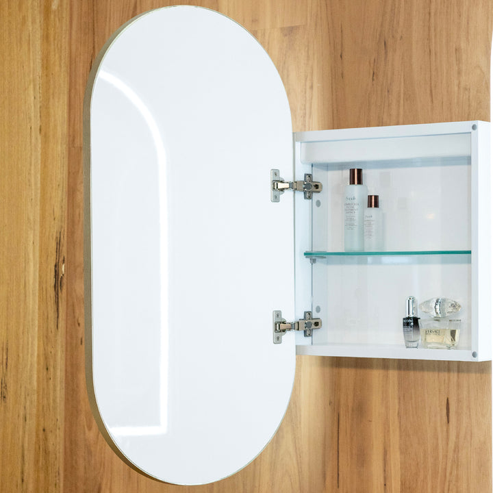 Capsule LED Shaving Cabinet Nordic Gold interior with the door open