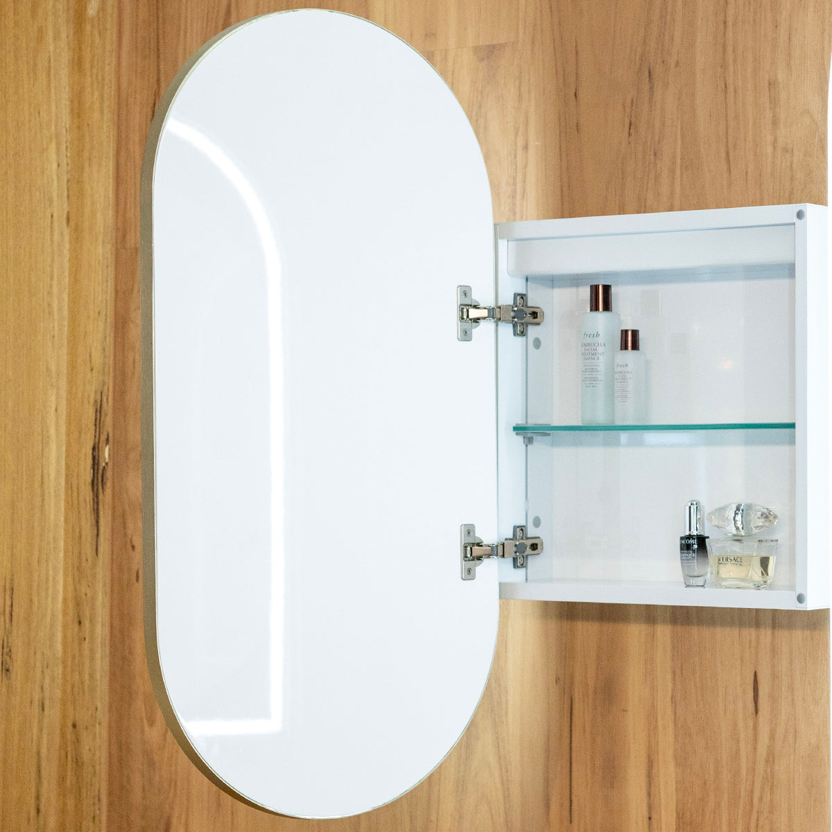 Capsule LED Shaving Cabinet Cuban Bronze interior with the door open