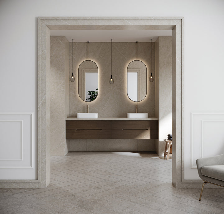 Dekton Adia in a bathroom with Dekton Grigio