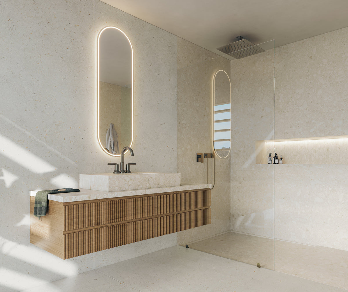 Dekton Polar in a bathroom with Dekton Ava