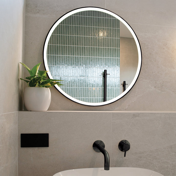 AURA Olek Round LED Mirror - Matte Black - lit
