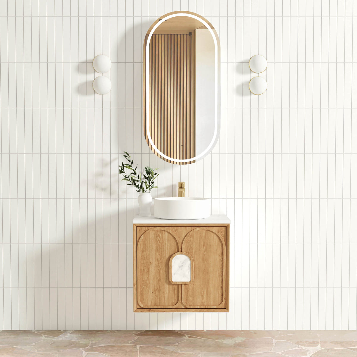 Laguna 600mm Natural American Oak Wall Hung Vanity - Ultra Delux Stone Top (Silica Free Pure White)