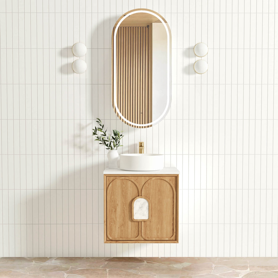 Laguna 600mm Natural American Oak Wall Hung Vanity - Ultra Delux Stone Top (Silica Free Pure White)
