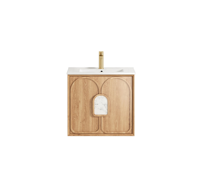 Laguna 600mm Natural American Oak Wall Hung Vanity - Slimline Ceramic Top (Gloss white)