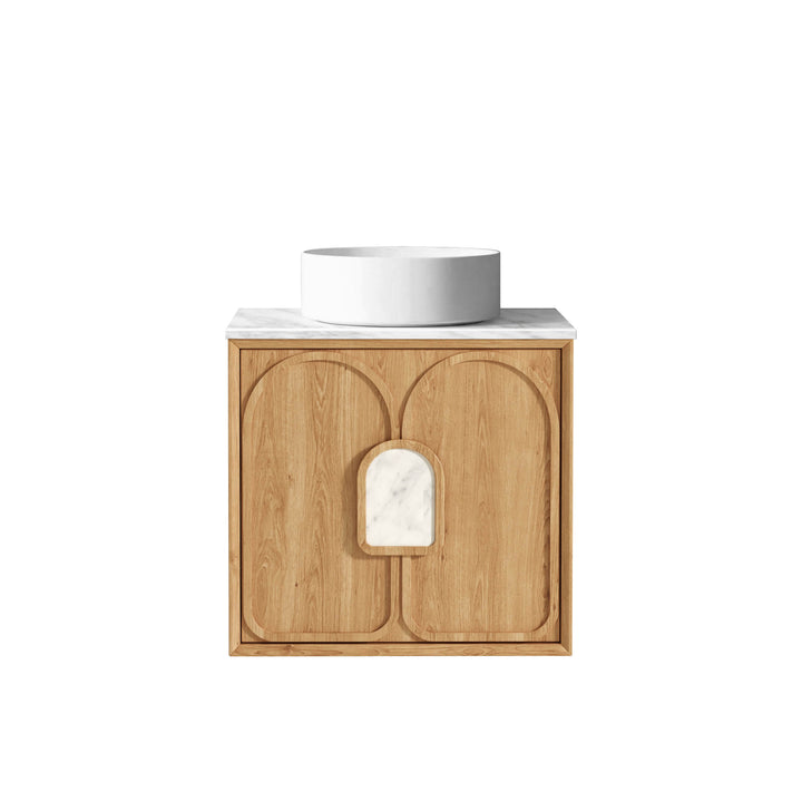 Laguna 600mm Natural American Oak Wall Hung Vanity - Natural Marble Top (Natural Carrara Marble)