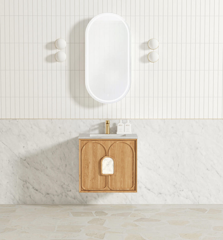 Laguna 600mm Natural American Oak Wall Hung Vanity - Under Mount Stone Top (Natural Carrara Marble)