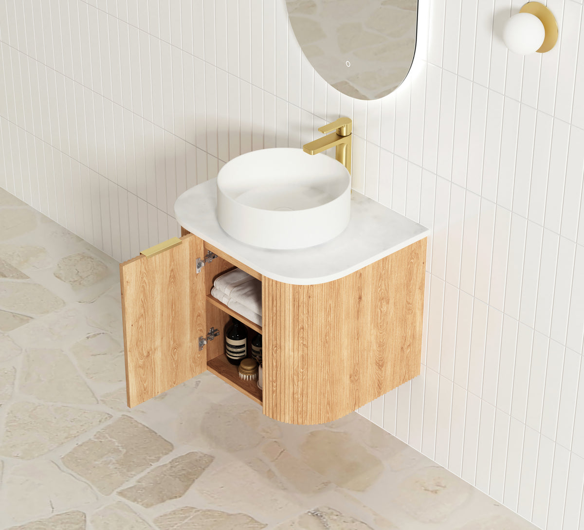 Bondi 600mm Woodland Oak Fluted Curve Vanity (12TH &amp; NTH Only)
