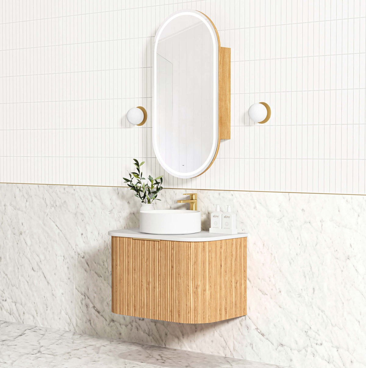 Bondi 750mm Woodland Oak Fluted Curve Vanity (12TH &amp; NTH Only)