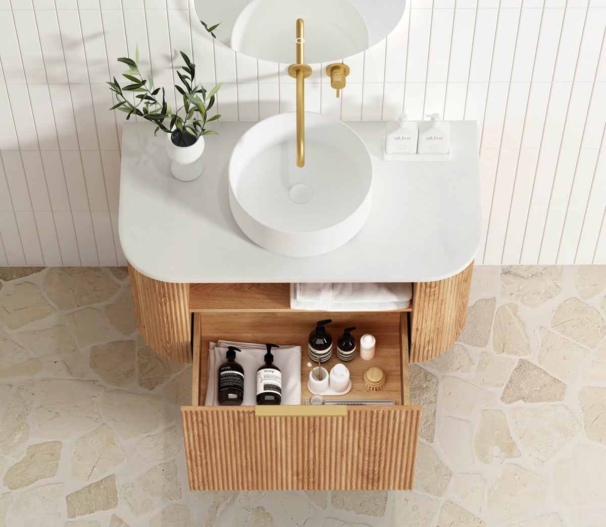 Bondi 900mm Woodland Oak Fluted Curve Vanity - Cabinet Only