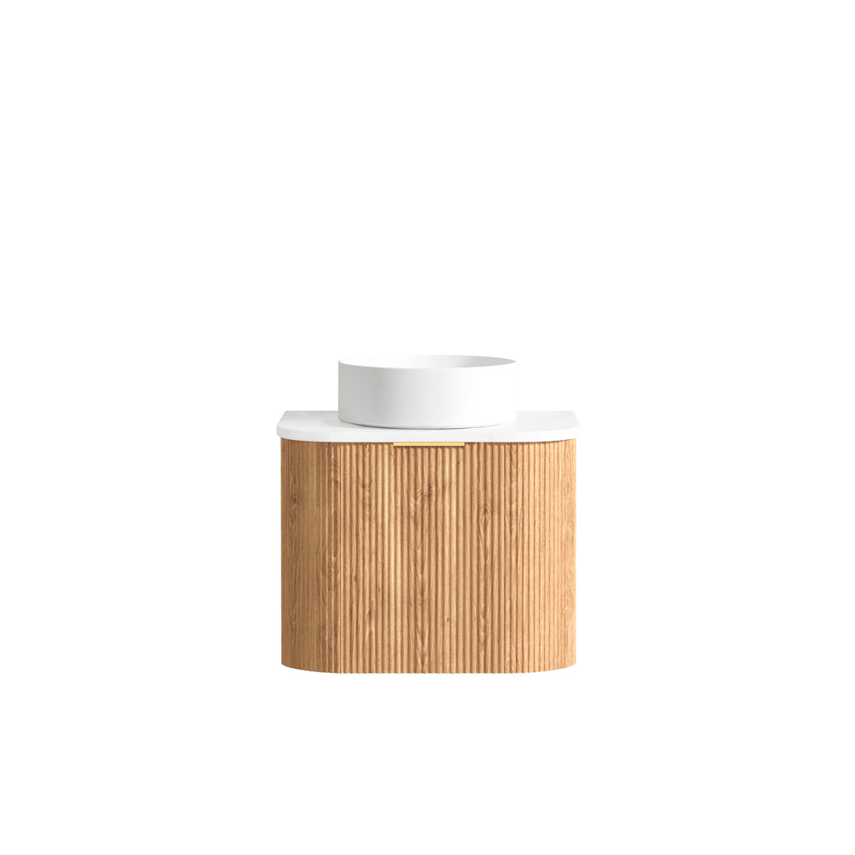 Bondi 600mm Woodland Oak Fluted Curve Vanity (12TH & NTH Only) - Ultra Delux Stone Top (Silica Free Pure White)