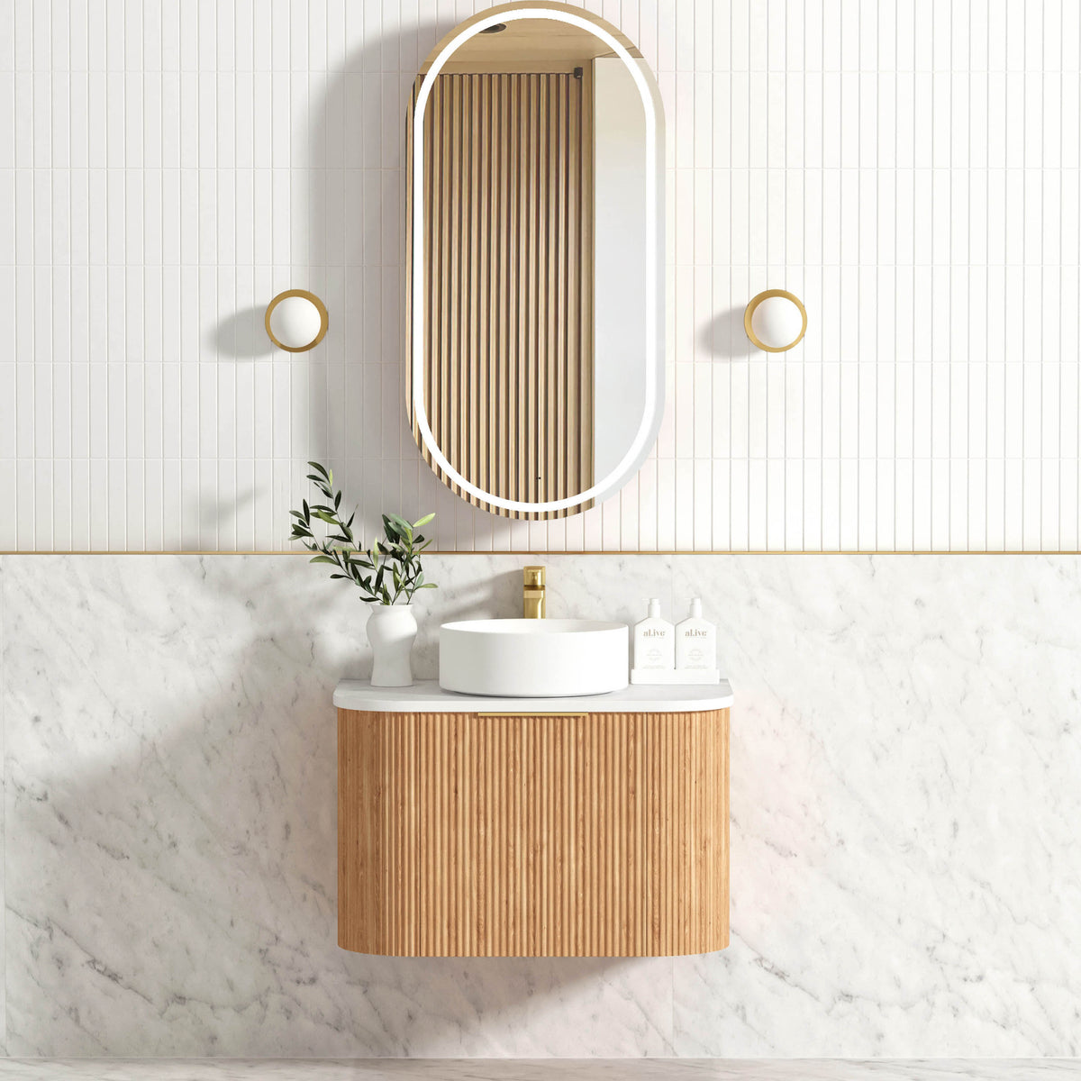 Bondi 750mm Woodland Oak Fluted Curve Vanity (12TH & NTH Only) - Ultra Delux Stone Top (Silica Free Pure White)