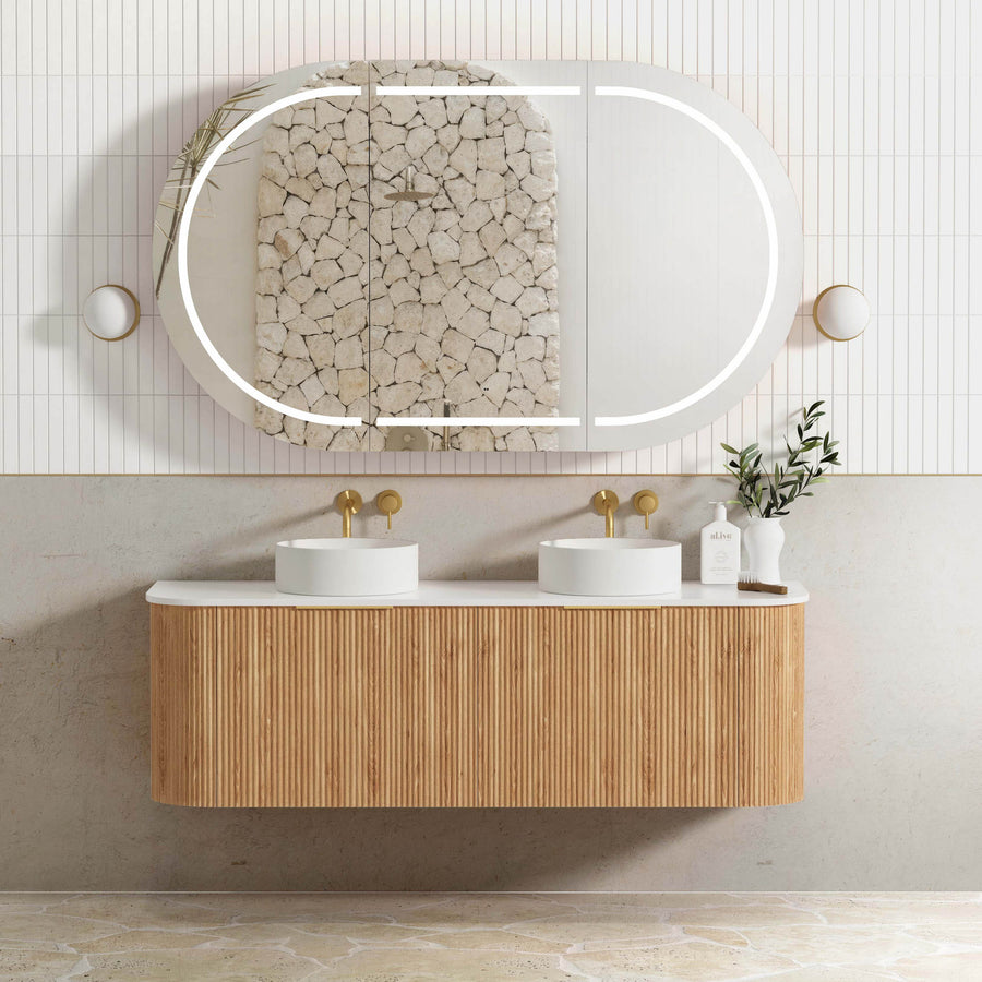Bondi 1500mm Woodland Oak Fluted Curve Vanity - Ultra Delux Stone Top (Silica Free Pure White)