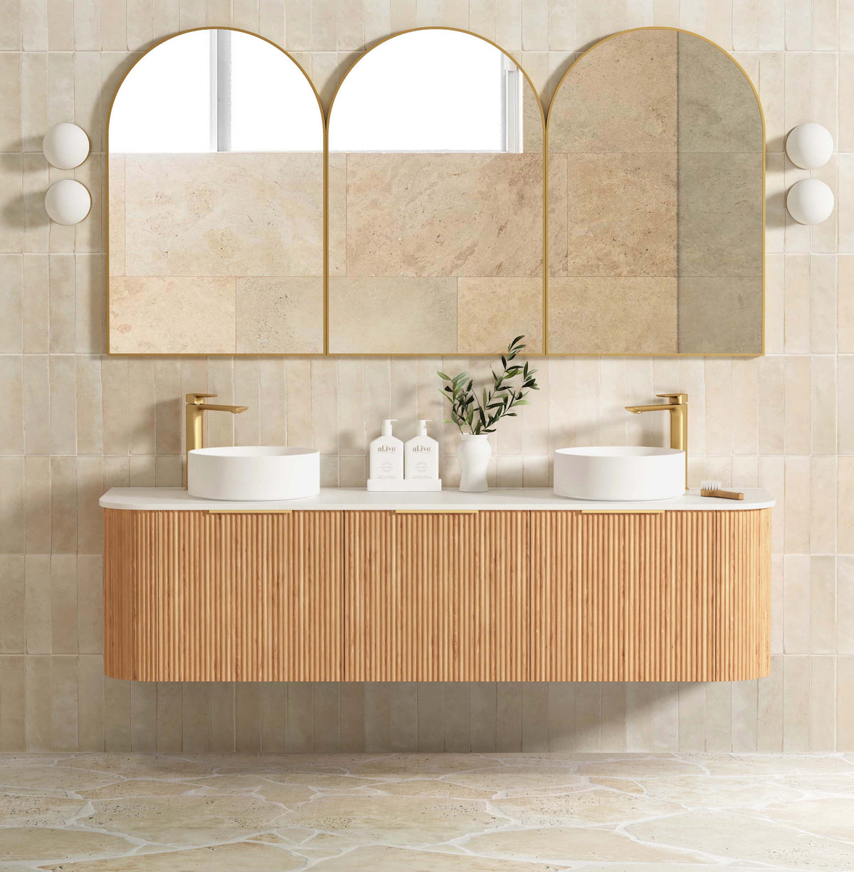 Bondi 1800mm Woodland Oak Fluted Curve Vanity - Ultra Delux Stone Top (Silica Free Pure White)