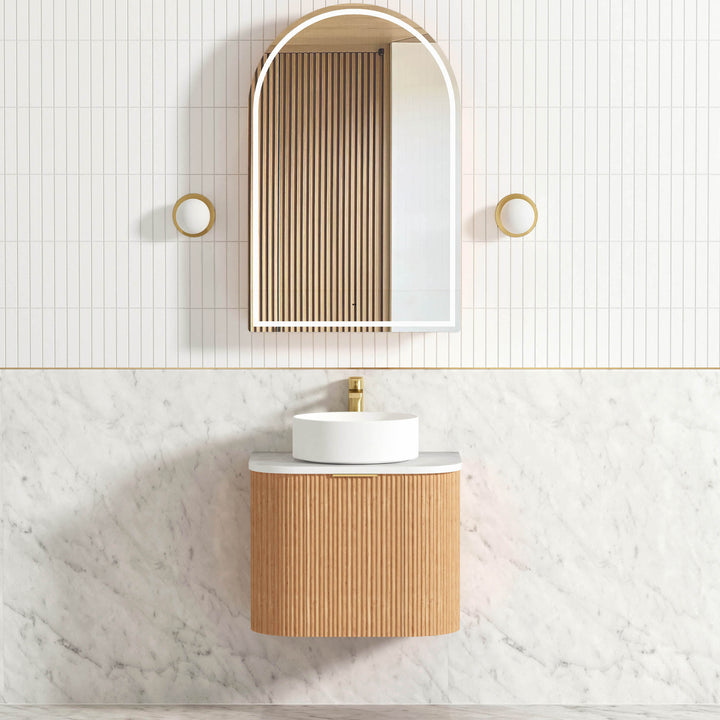 Bondi 600mm Woodland Oak Fluted Curve Vanity (12TH &amp; NTH Only) - Ultra Delux Stone Top (Silica Free Cloudy Carrara)