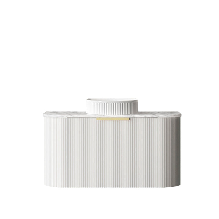 Bondi 900mm Satin White Fluted Wall Hung Curve Vanity - Natural Marble Top (Natural Carrara Marble)