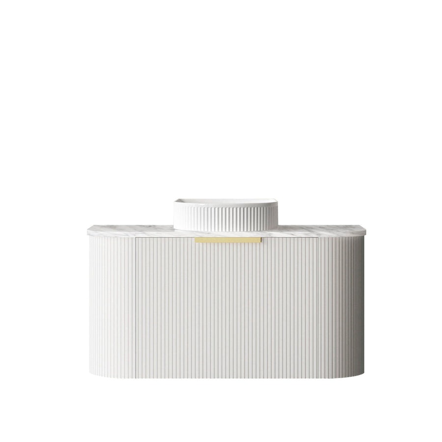 Bondi 900mm Satin White Fluted Wall Hung Curve Vanity - Natural Marble Top (Natural Carrara Marble)