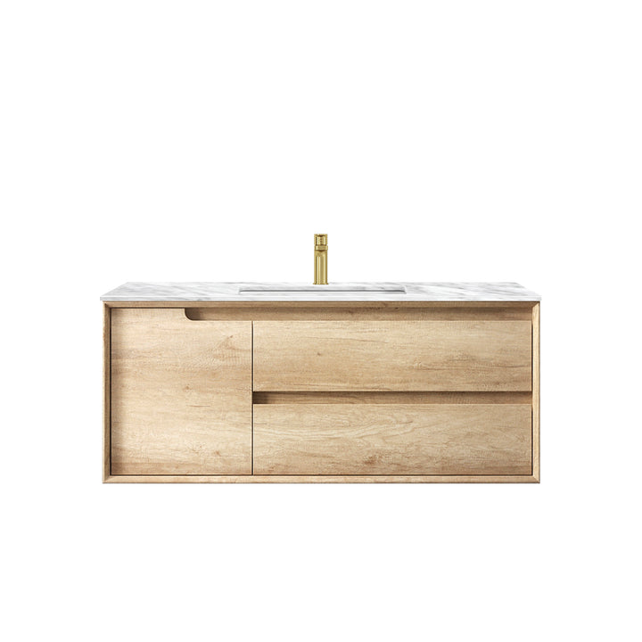 Byron 1200mm Natural Oak Wall Hung Vanity - Under Mount Stone Top (Natural Carrara Marble)