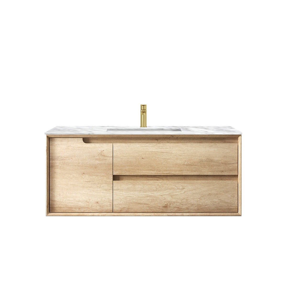 Otti Byron 1200 Natural Oak Wall Hung Vanity Double Bowl - Under Mount Stone Top (Natural Carrara Marble)