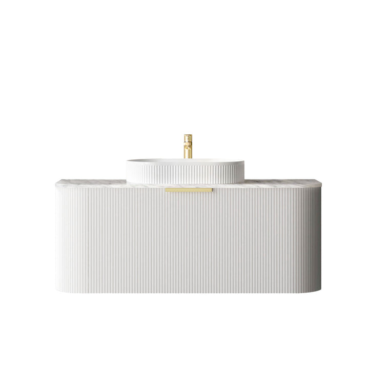 Bondi 1200mm Satin White Fluted Wall Hung Curve Vanity - Natural Marble Top (Natural Carrara Marble)