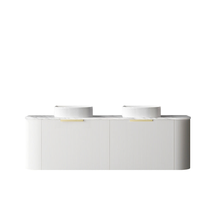 Bondi 1500mm Satin White Fluted Wall Hung Curve Vanity - Natural Marble Top (Natural Carrara Marble)