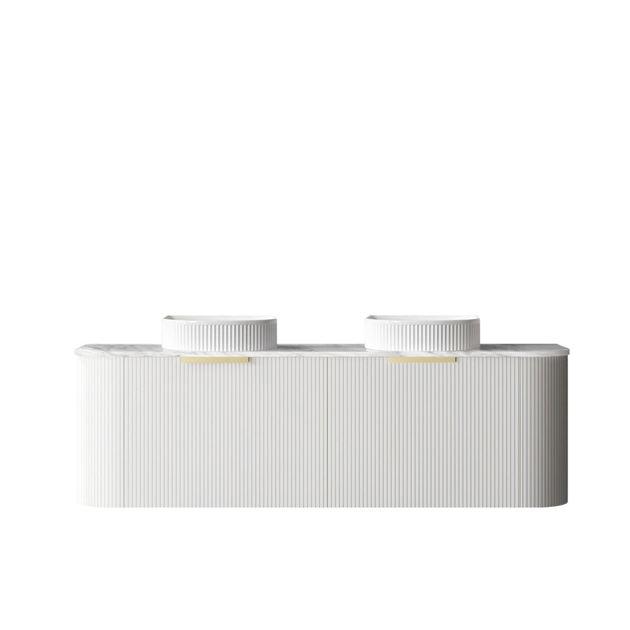 Bondi 1500mm Satin White Fluted Wall Hung Curve Vanity - Natural Marble Top (Natural Carrara Marble)