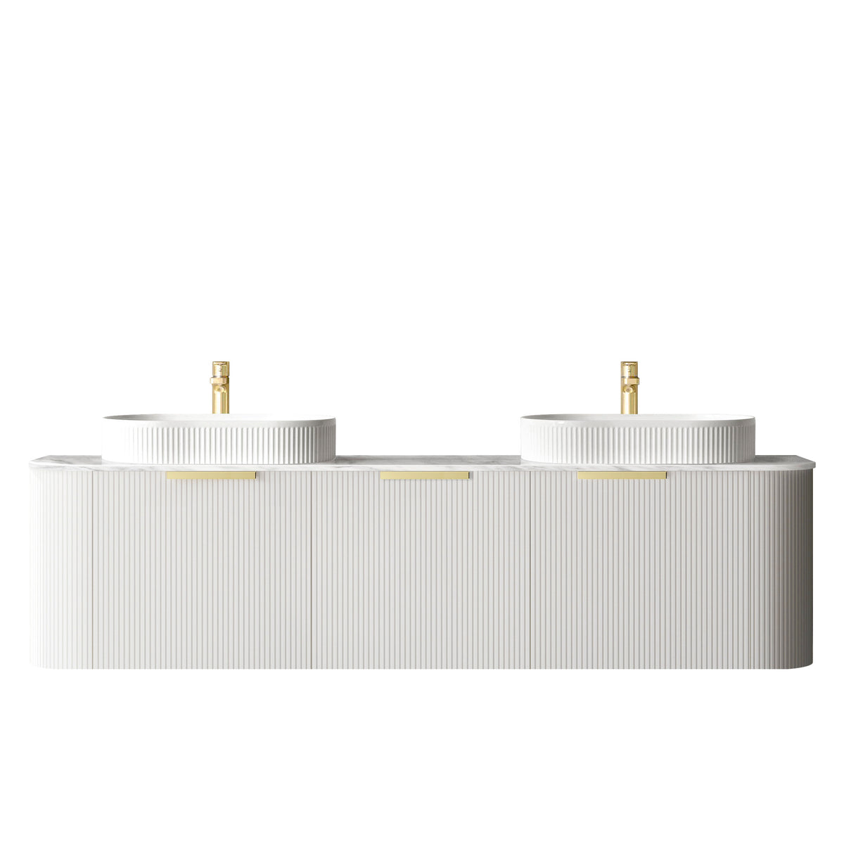Bondi 1800mm Satin White Fluted Wall Hung Curve Vanity - Natural Marble Top (Natural Carrara Marble)