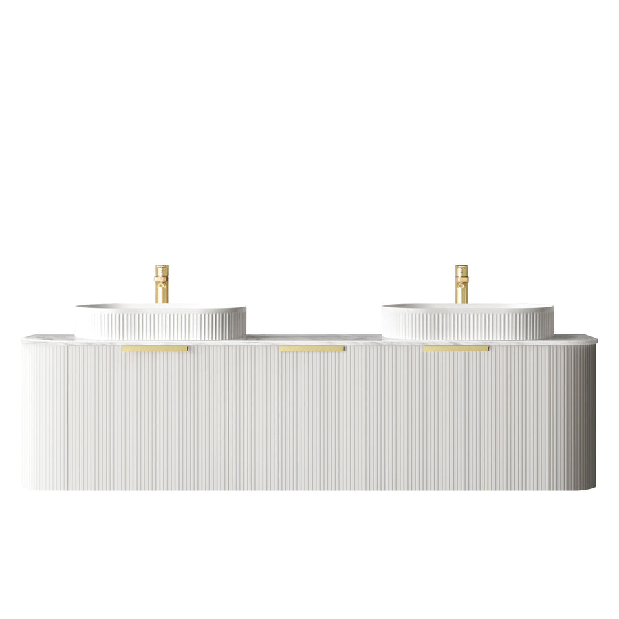 Bondi 1800mm Satin White Fluted Wall Hung Curve Vanity - Natural Marble Top (Natural Carrara Marble)