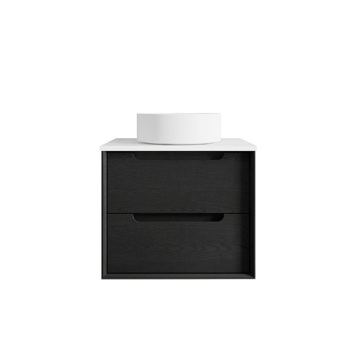 Byron 600mm Black Oak Wall Hung Vanity - Ultra Delux Stone Top (Silica Free Pure White)