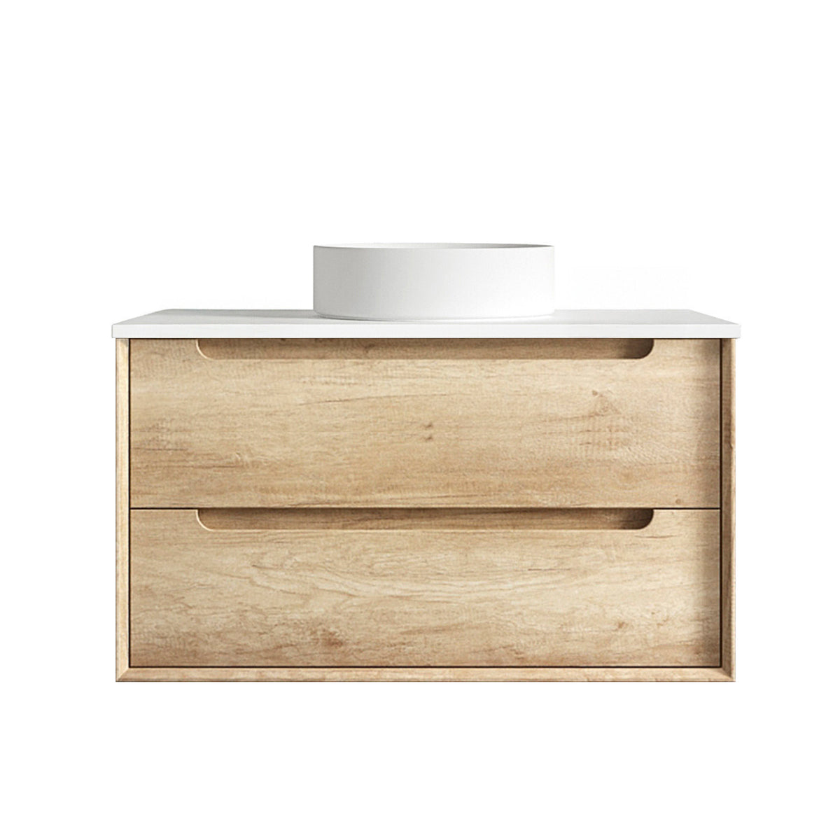 Byron 900mm Natural Oak Wall Hung Vanity - Ultra Delux Stone Top (Silica Free Pure White)