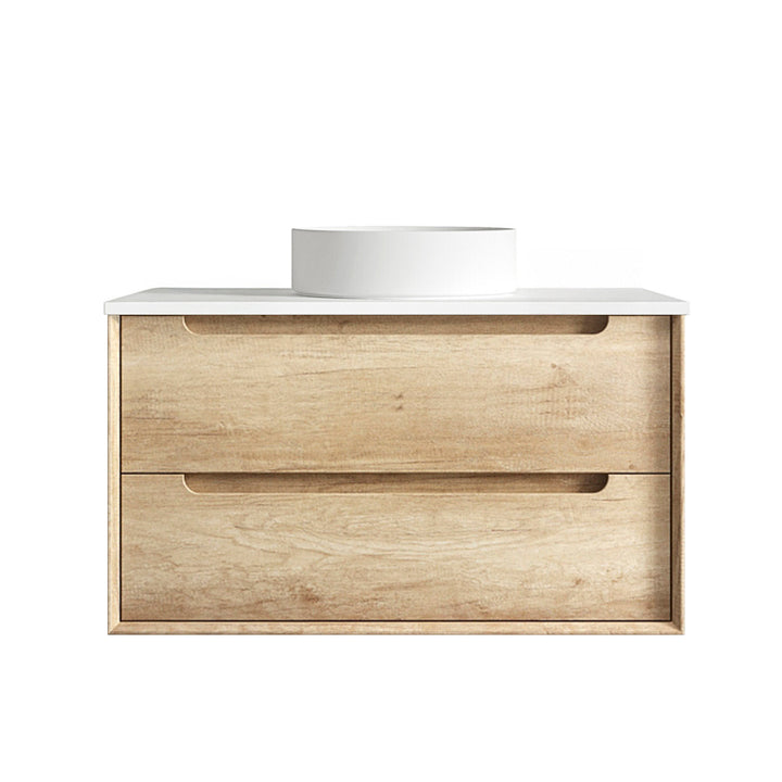 Byron 900mm Natural Oak Wall Hung Vanity - Ultra Delux Stone Top (Silica Free Pure White)