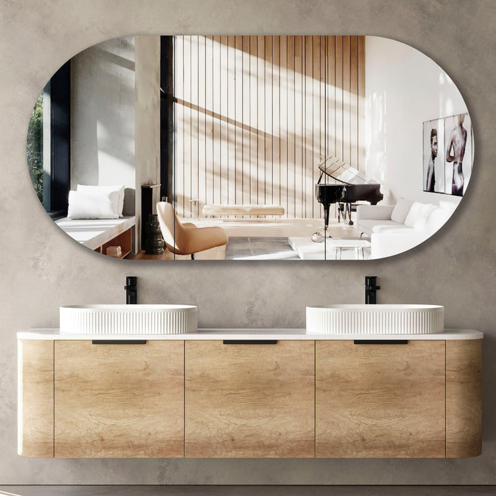 Bondi 1800mm Natural Oak Wall Hung Curve Vanity - Ultra Delux Stone Top (Silica Free Pure White)