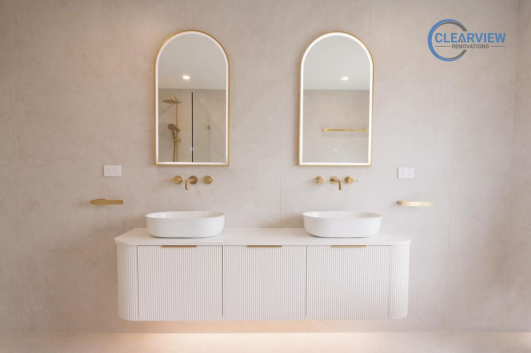Bondi 1800mm Satin White Fluted Wall Hung Curve Vanity - Ultra Delux Stone Top (Silica Free Pure White)