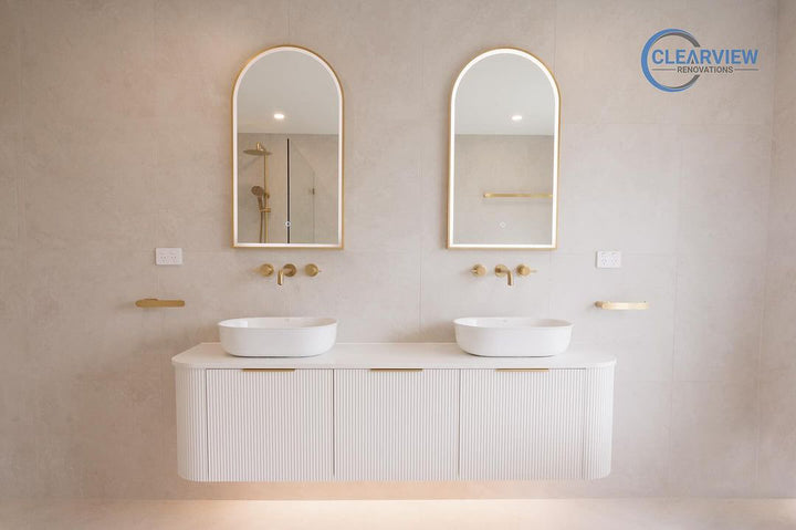 Bondi 1800mm Satin White Fluted Wall Hung Curve Vanity - Ultra Delux Stone Top (Silica Free Pure White)
