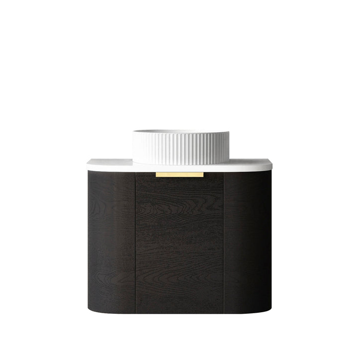 Bondi 600mm Black Oak Wall Hung Curve Vanity (12TH &amp; NTH Only) - Ultra Delux Stone Top (Silica Free Pure White)