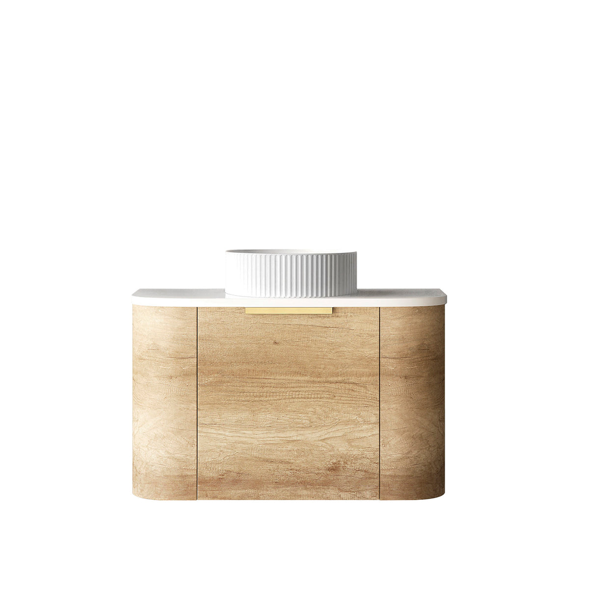 Bondi 750mm Natural Oak Wall Hung Curve Vanity (12TH &amp; NTH Only) - Ultra Delux Stone Top (Silica Free Pure White)