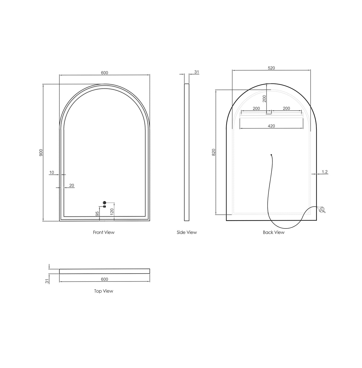 LED Archie 900(H)x600(W) Gold Metal Frame Tuffi Mirror