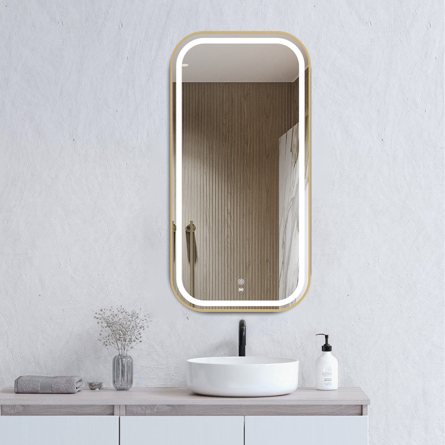 LED Newport 900(H)x450(W) Gold Metal Frame Tuffi Mirror Soft Square