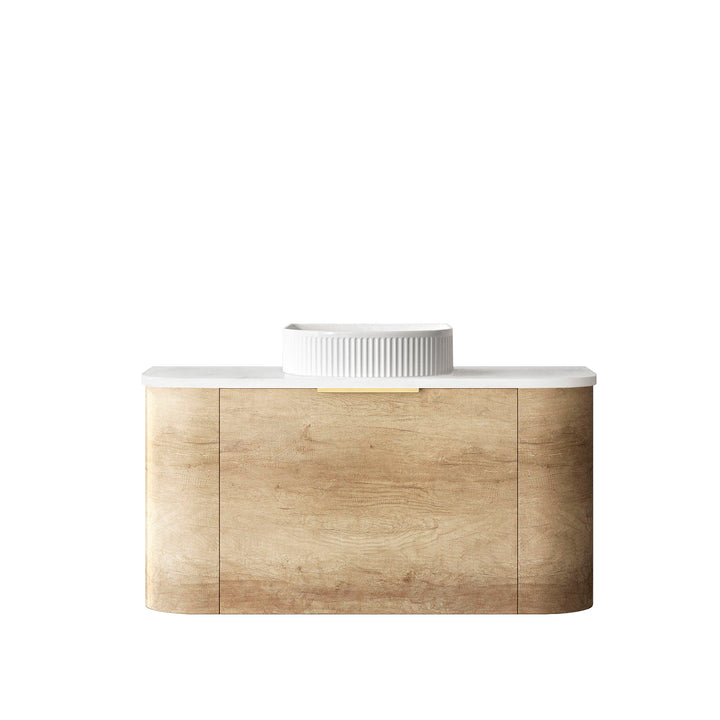 Bondi 900mm Natural Oak Wall Hung Curve Vanity - Ultra Delux Stone Top (Silica Free Cloudy Carrara)
