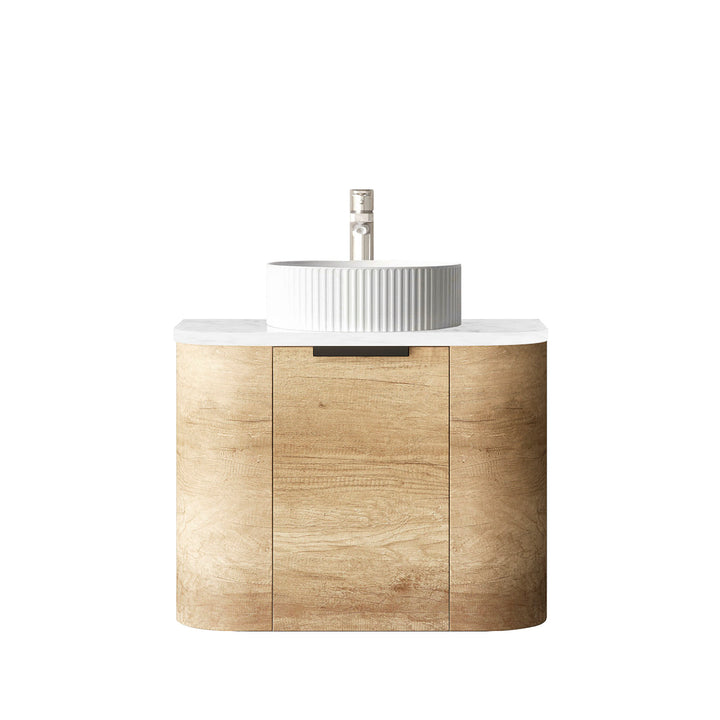 Bondi 600mm Natural Oak Wall Hung Curve Vanity (12TH &amp; NTH Only) - Ultra Delux Stone Top (Silica Free Cloudy Carrara)