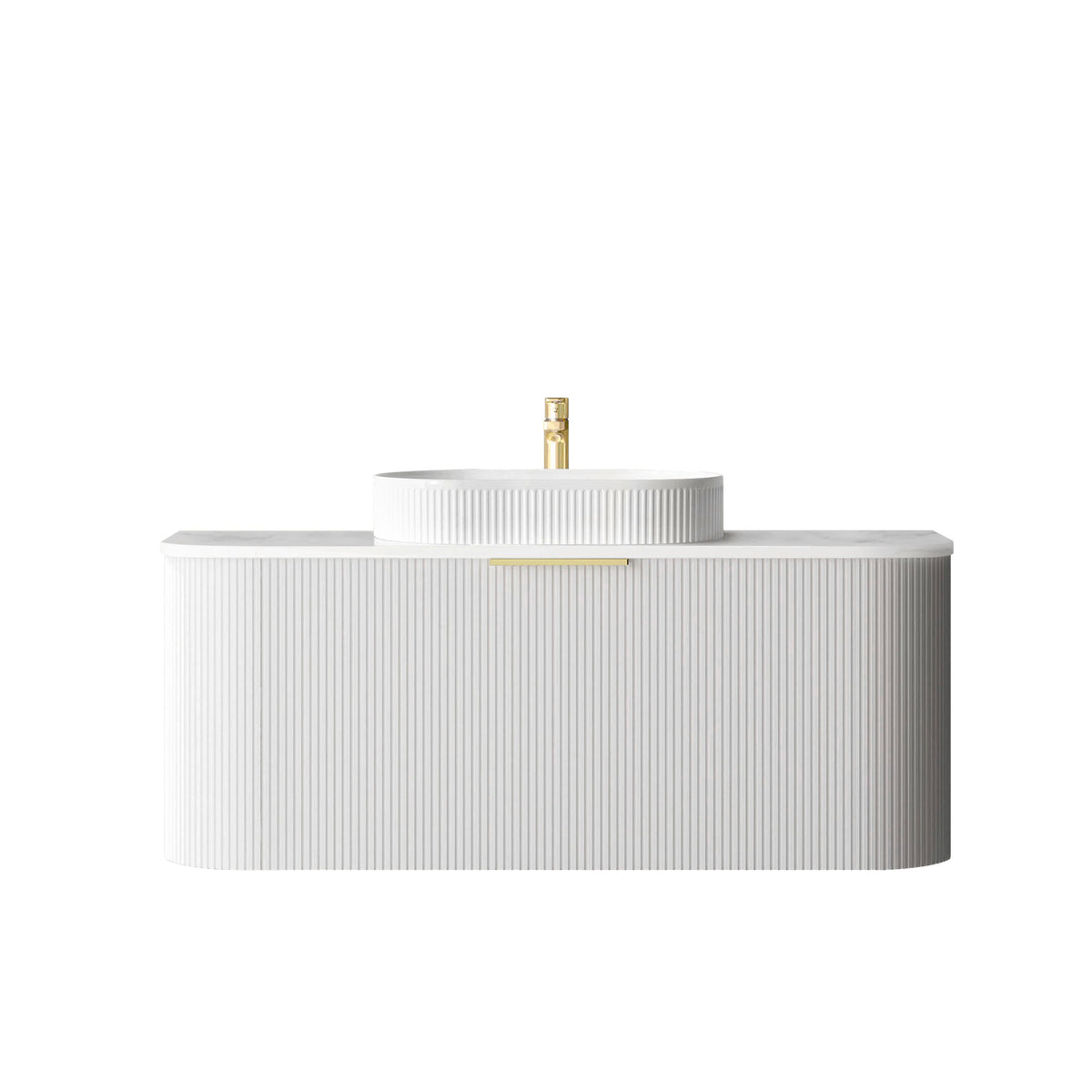 Bondi 1200mm Satin White Fluted Wall Hung Curve Vanity - Ultra Delux Stone Top (Silica Free Cloudy Carrara)