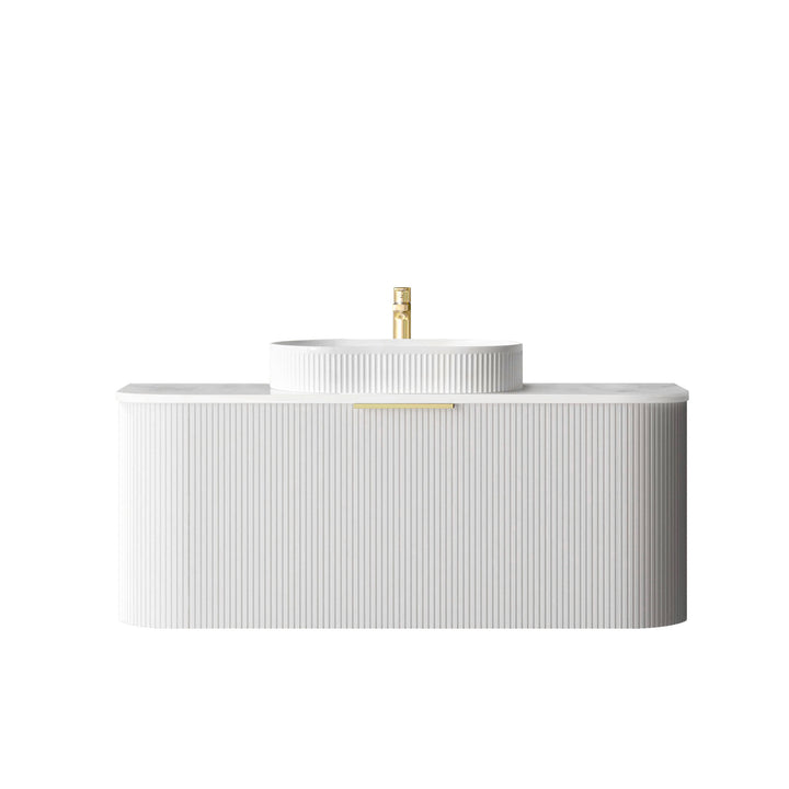 Bondi 1200mm Satin White Fluted Wall Hung Curve Vanity - Ultra Delux Stone Top (Silica Free Cloudy Carrara)