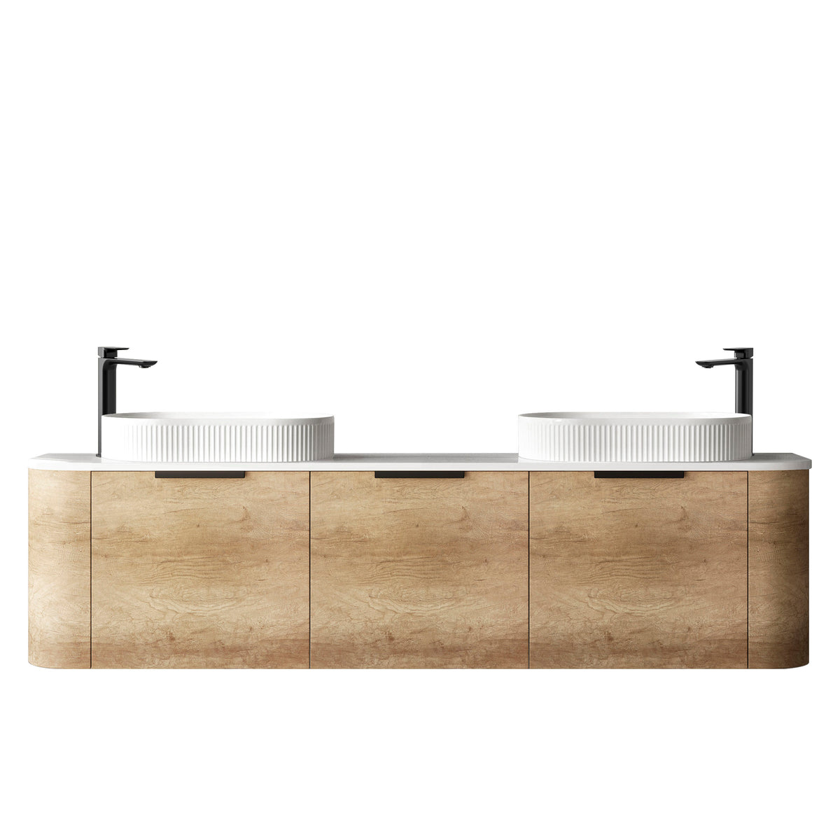 Bondi 1800mm Natural Oak Wall Hung Curve Vanity - Ultra Delux Stone Top (Silica Free Cloudy Carrara)