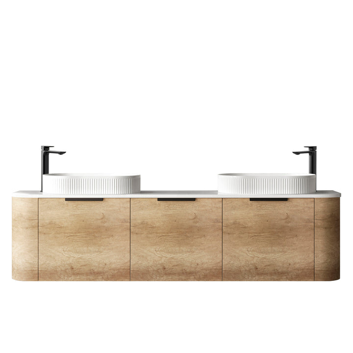 Bondi 1800mm Natural Oak Wall Hung Curve Vanity - Ultra Delux Stone Top (Silica Free Cloudy Carrara)