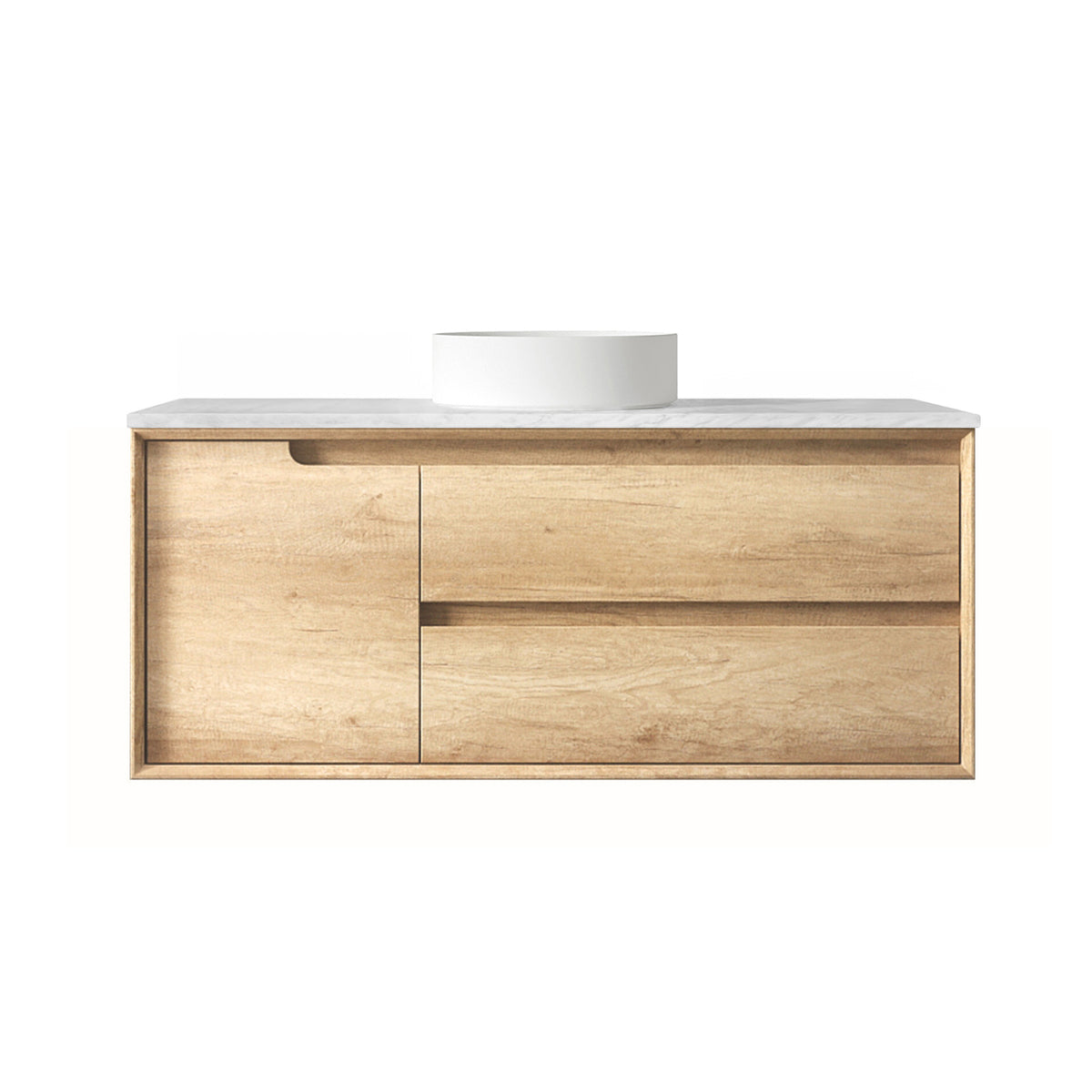 Byron 1200mm Natural Oak Wall Hung Vanity - Ultra Delux Stone Top (Silica Free Cloudy Carrara)