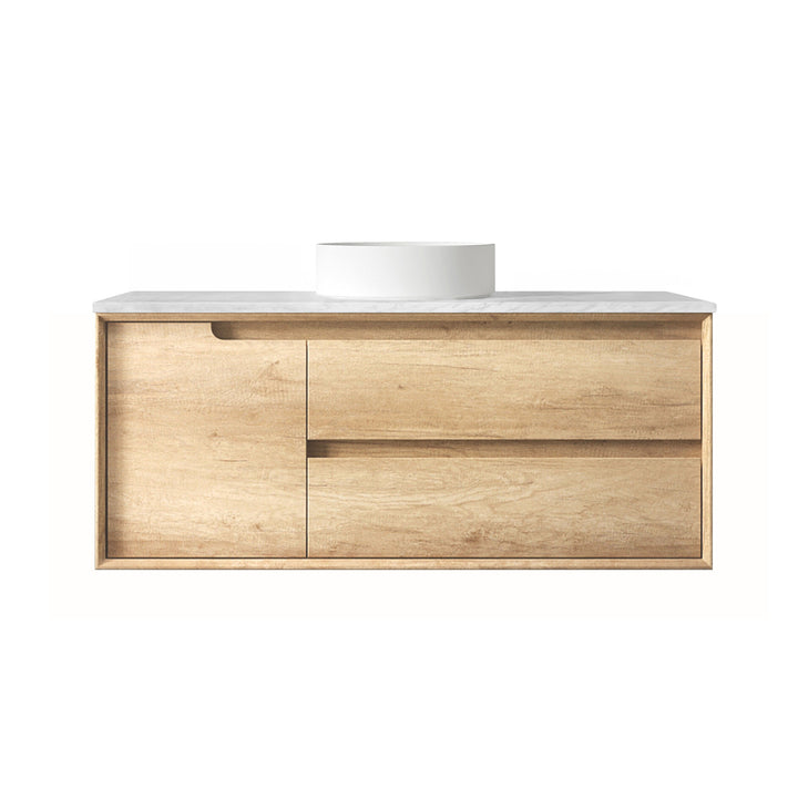 Byron 1200mm Natural Oak Wall Hung Vanity - Ultra Delux Stone Top (Silica Free Cloudy Carrara)